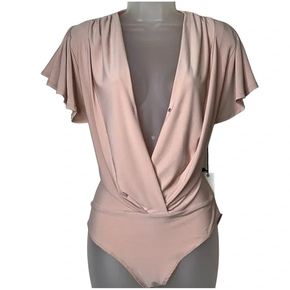 Haute Monde Ruffle Flutter Sleeve Mock Wrap Bodysuit Top Blush Pink Medium Sexy - Picture 8 of 16